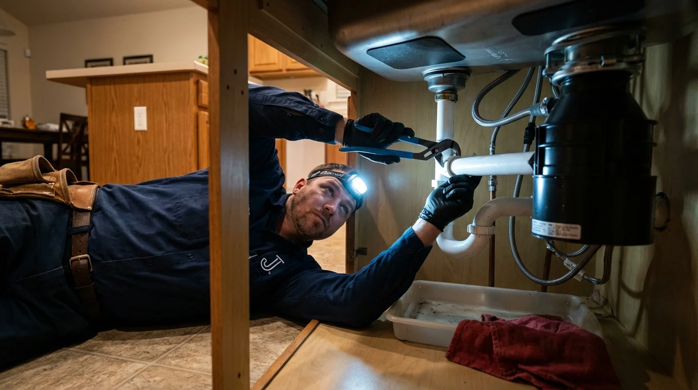 P-trap and supply line connections under a kitchen sink showing a common leak point in Auburn, IL